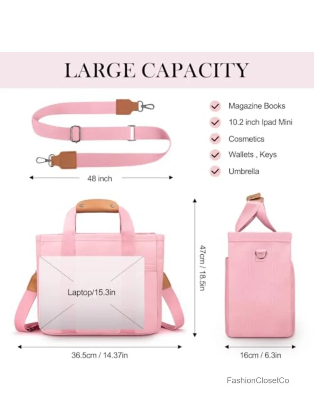 Large Canvas Tote Bag for Women with Multi Pockets Laptop Crossbody Shoulder - Picture 3 of 6